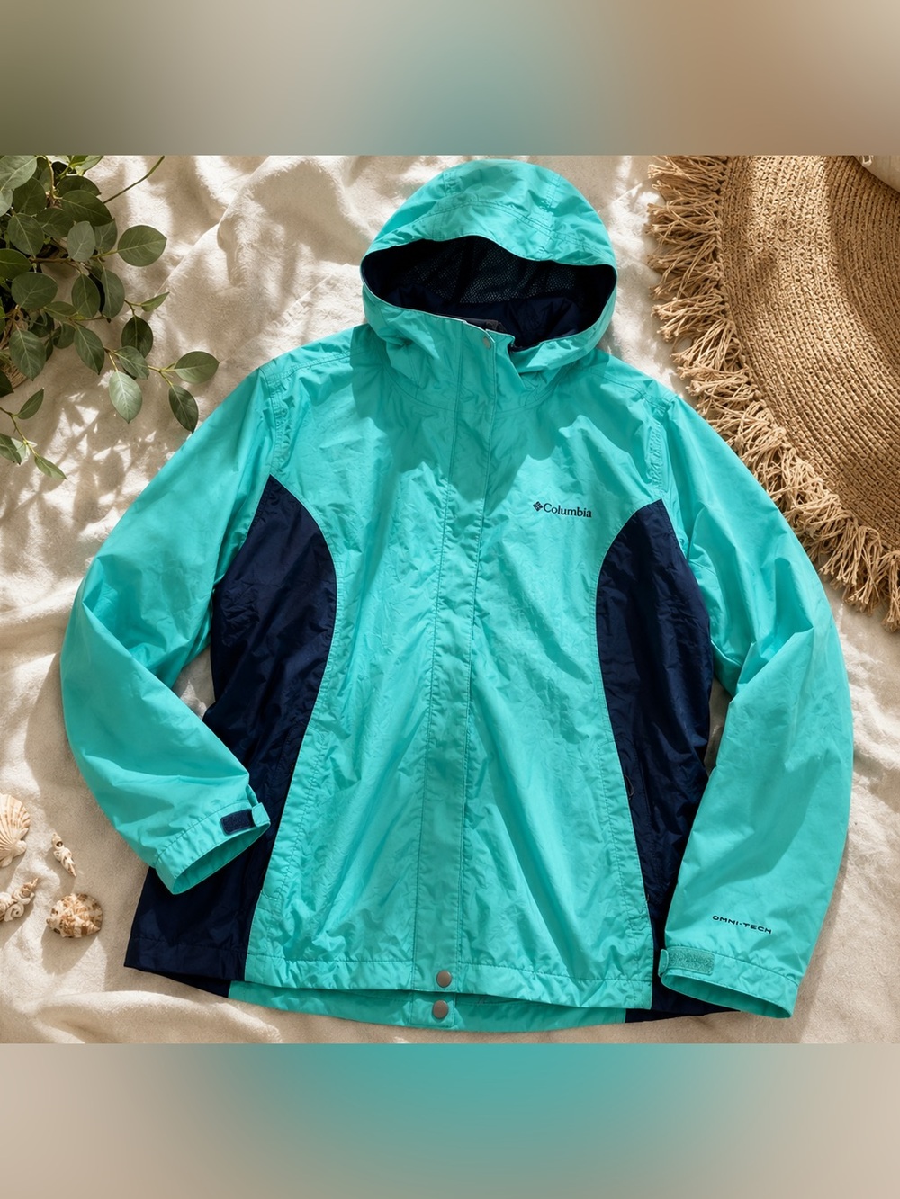 Columbia Omni-Tech Waterproof Hooded Rain Jacket Aqua Navy Women’s 1X